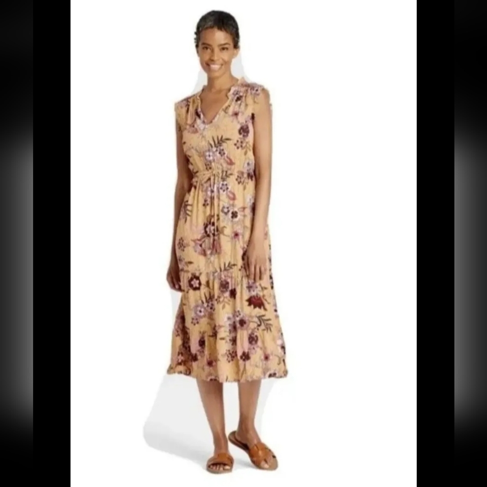 Knox Rose Women's Sleeveless Midi Dress Mustard Yellow Floral Ruffle Size L